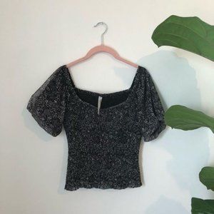 Anthropologie Smocked?Puff?Sleeve Top Black White Small